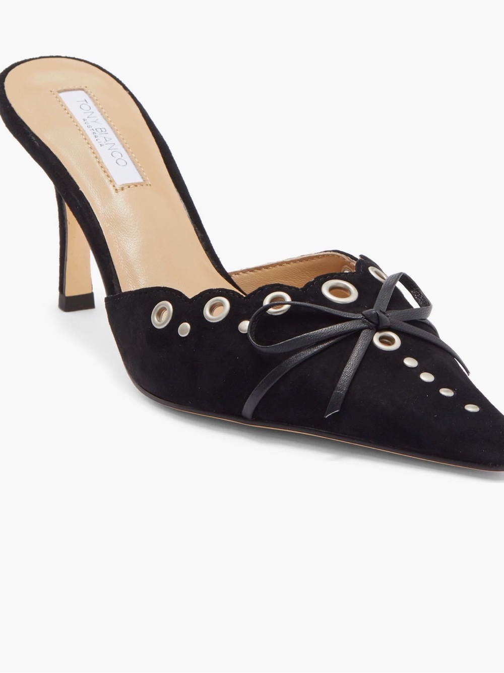 Tony Bianco Shae black suede pointed toe kitten heel studded mules size 8
